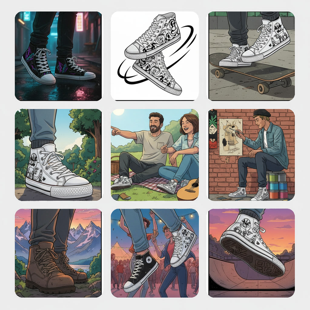 High-Top Leinenschuhe aus allen HEXJESTER Chaptern mit Canvas-Obermaterial, Stickereien und All-Over-Prints – Streetwear-Sneaker mit den Symbolen und Motiven der einzelnen Kollektionen.