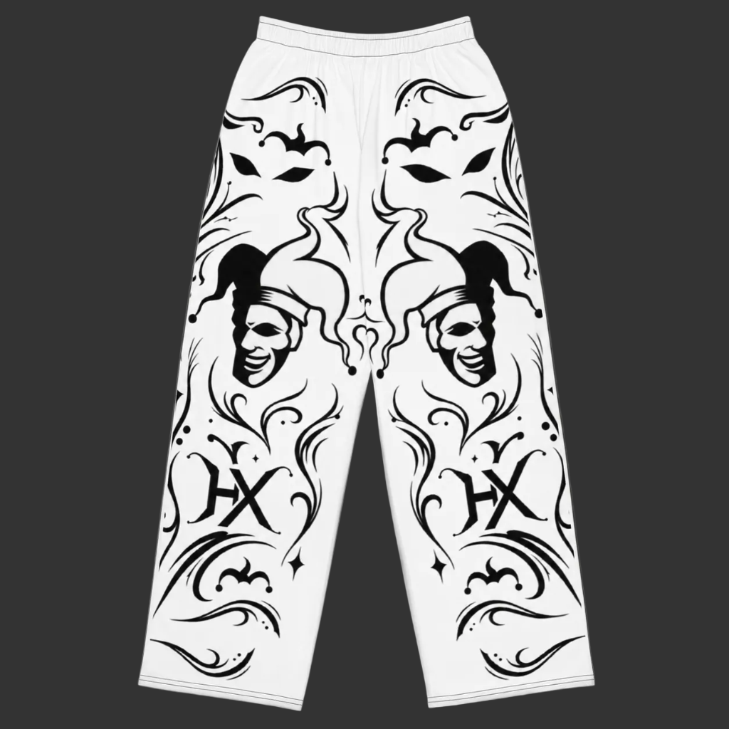 Frontansicht The Five Signs Wide-Leg Hose Weiß mit verschiedenen fragmenten des narren