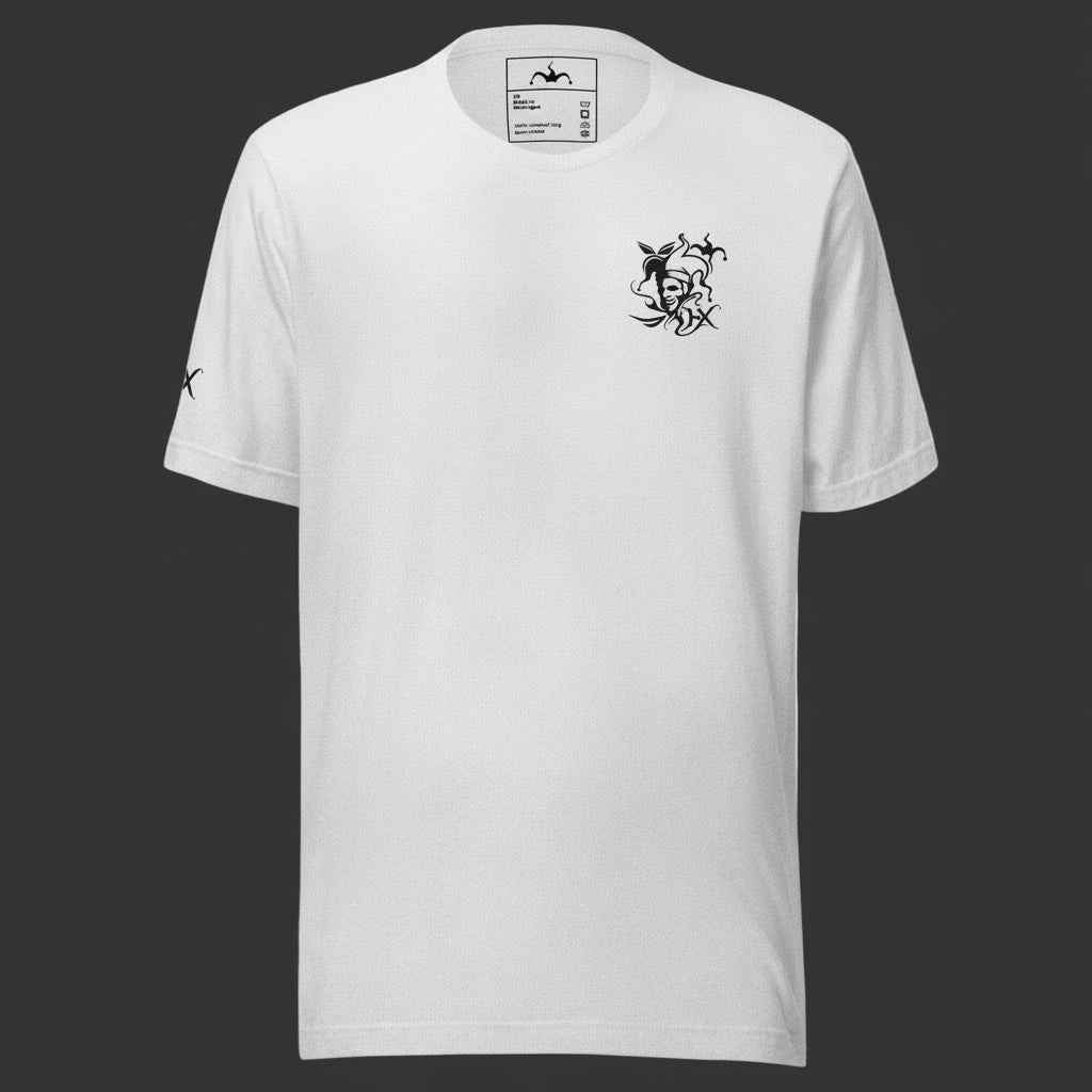 Frontansicht weißes the five signs t-shirt mit bruststickerei