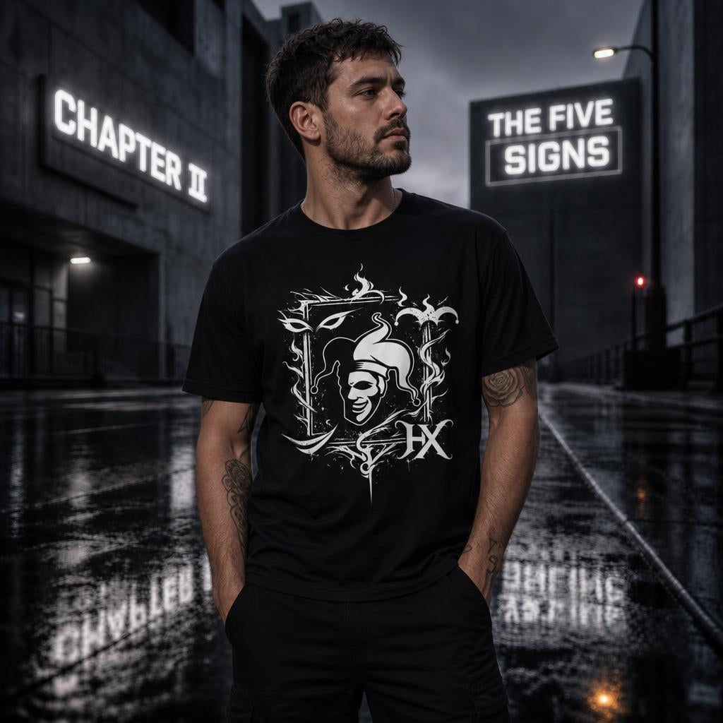 Model trägt schwarzes Jester Oversized T-Shirt mit großflächigem HEXJESTER Motiv