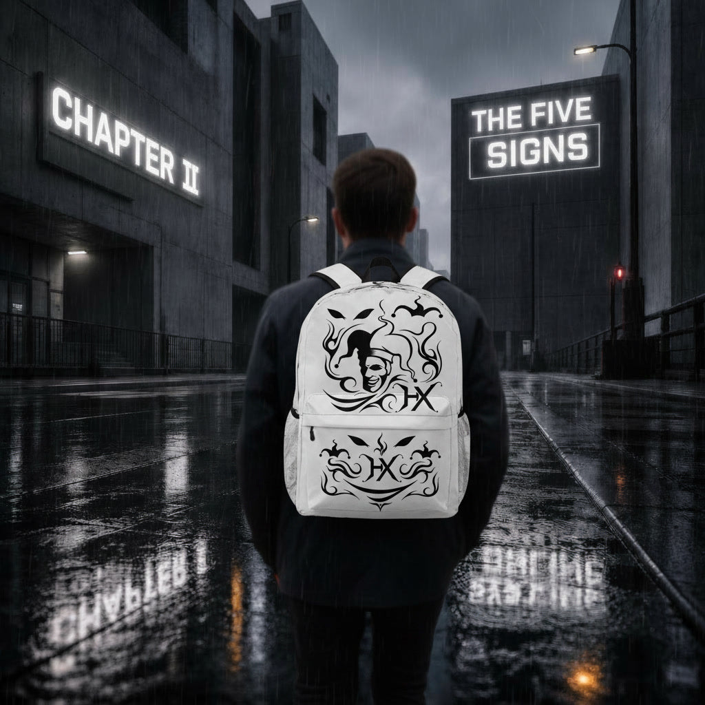 Model trägt The Five Signs All-Over Print Rucksack Weiß  HEXJESTER