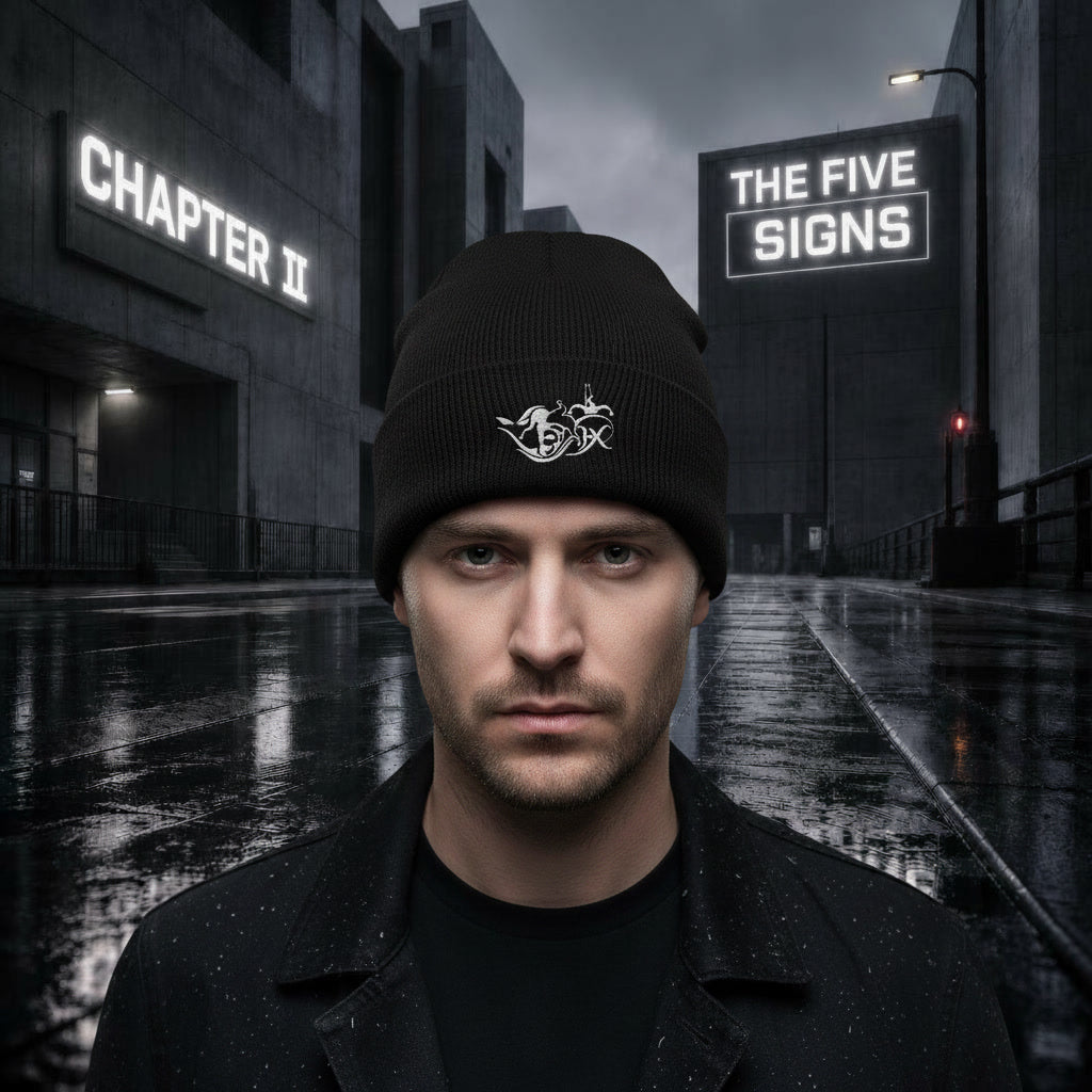 model trägt The Five Signs Beanie Schwarz – Stickerei  HEXJESTER