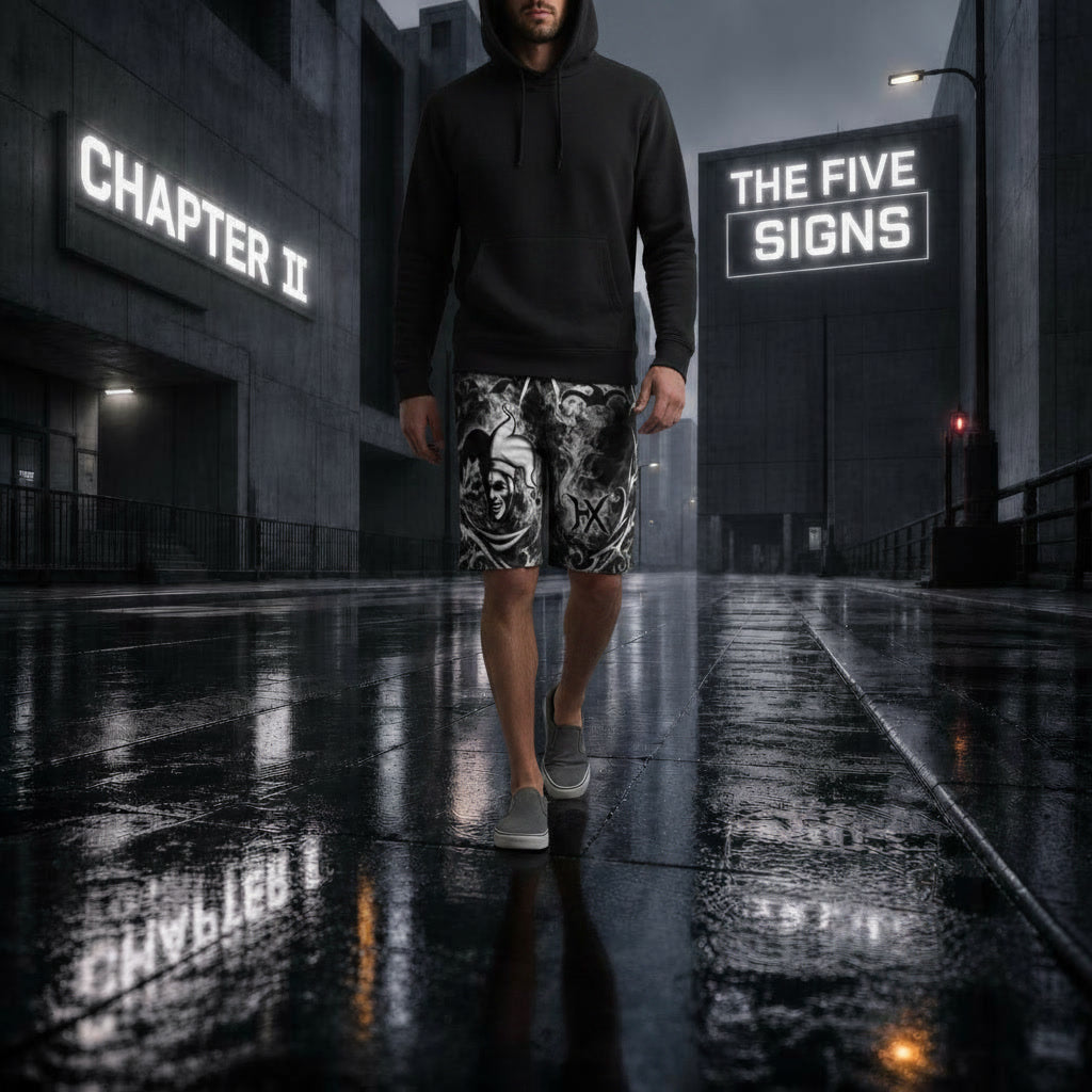 model trägt The Five Signs Boardshorts Herren Schwarz – All-Over-Print, Stretch  HexJester