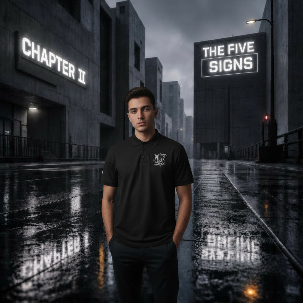 Model trägt schwarzes poloshirt mit gesticktem five signs emblem auf der brust