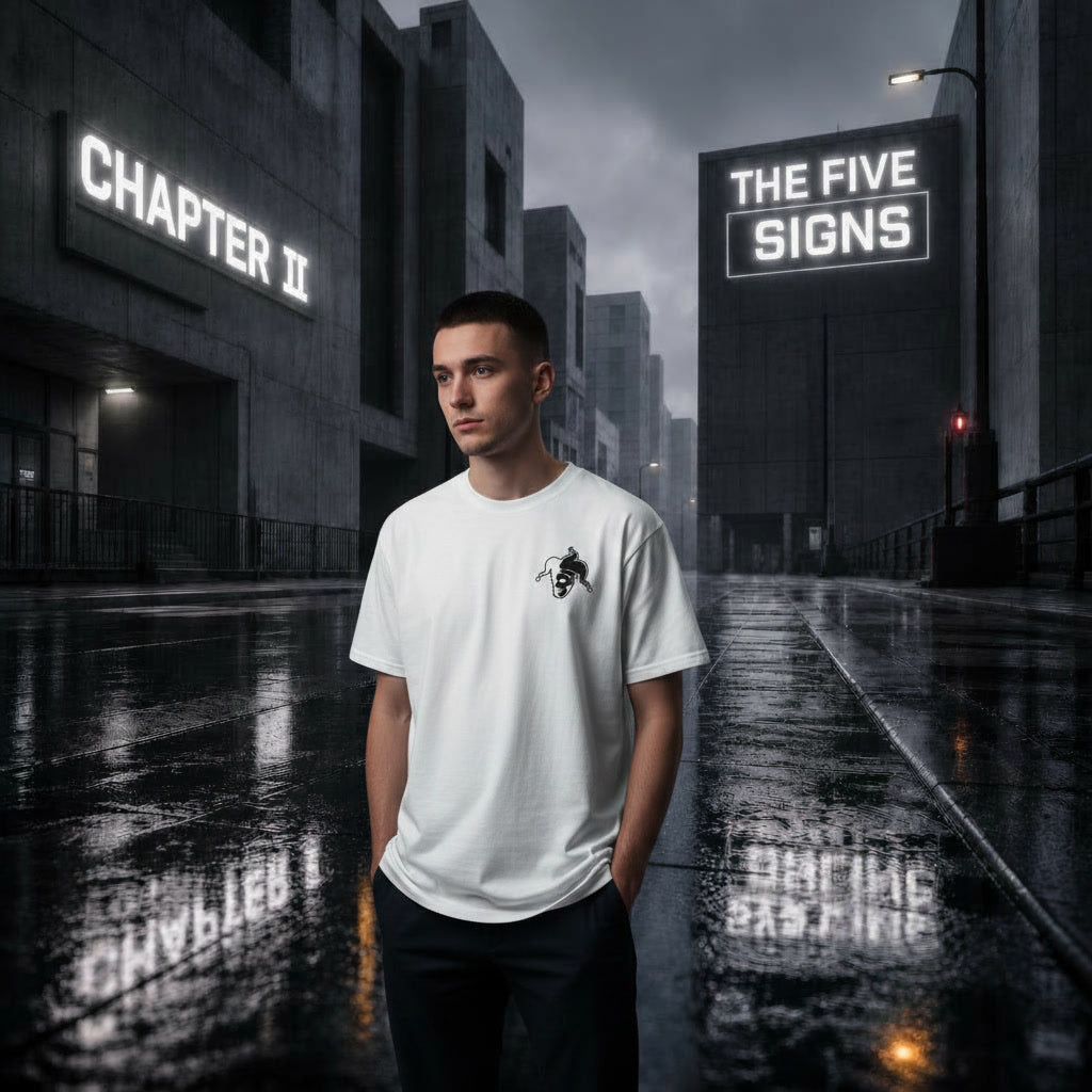 Model trägt natur the jester t-shirt mit gesticktem narrenkopf auf der brust