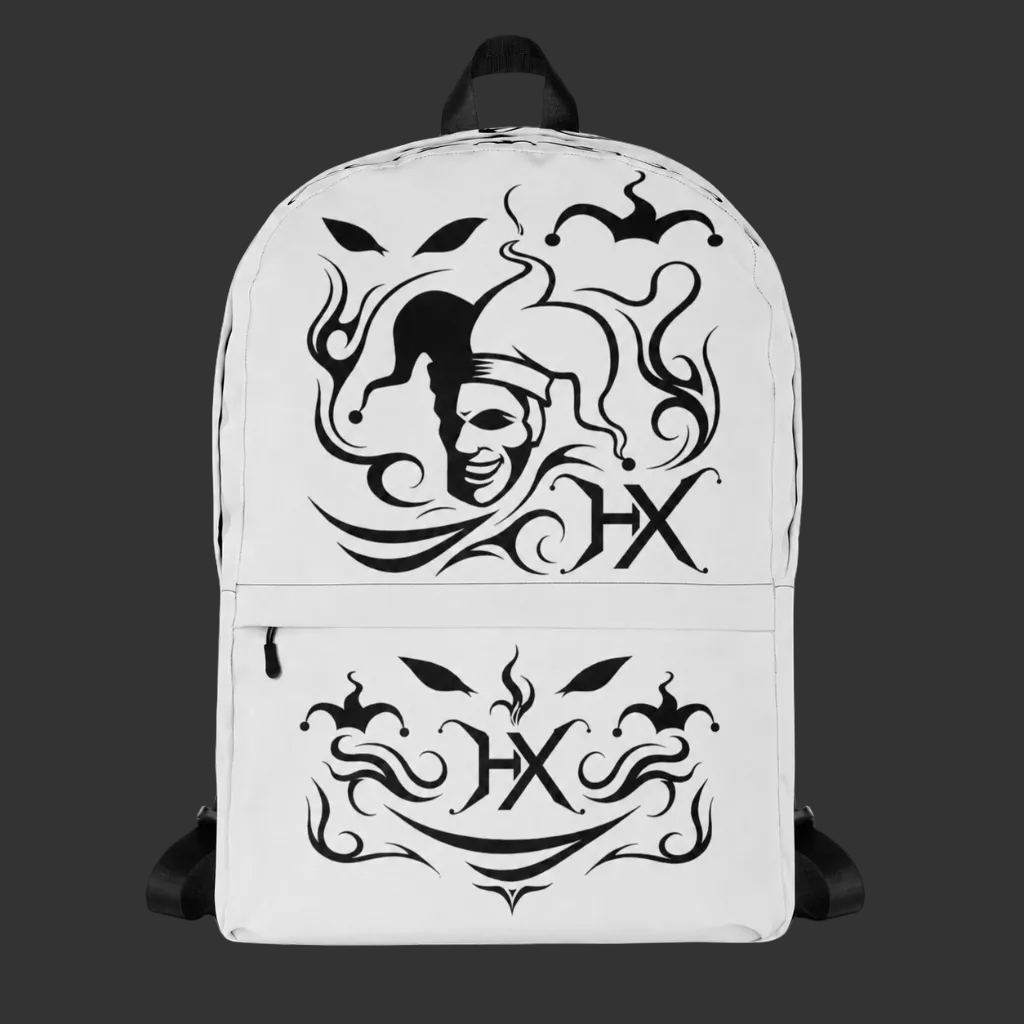 Vorderansicht des weißen The Five Signs Rucksacks mit schwarzem All-over-Print