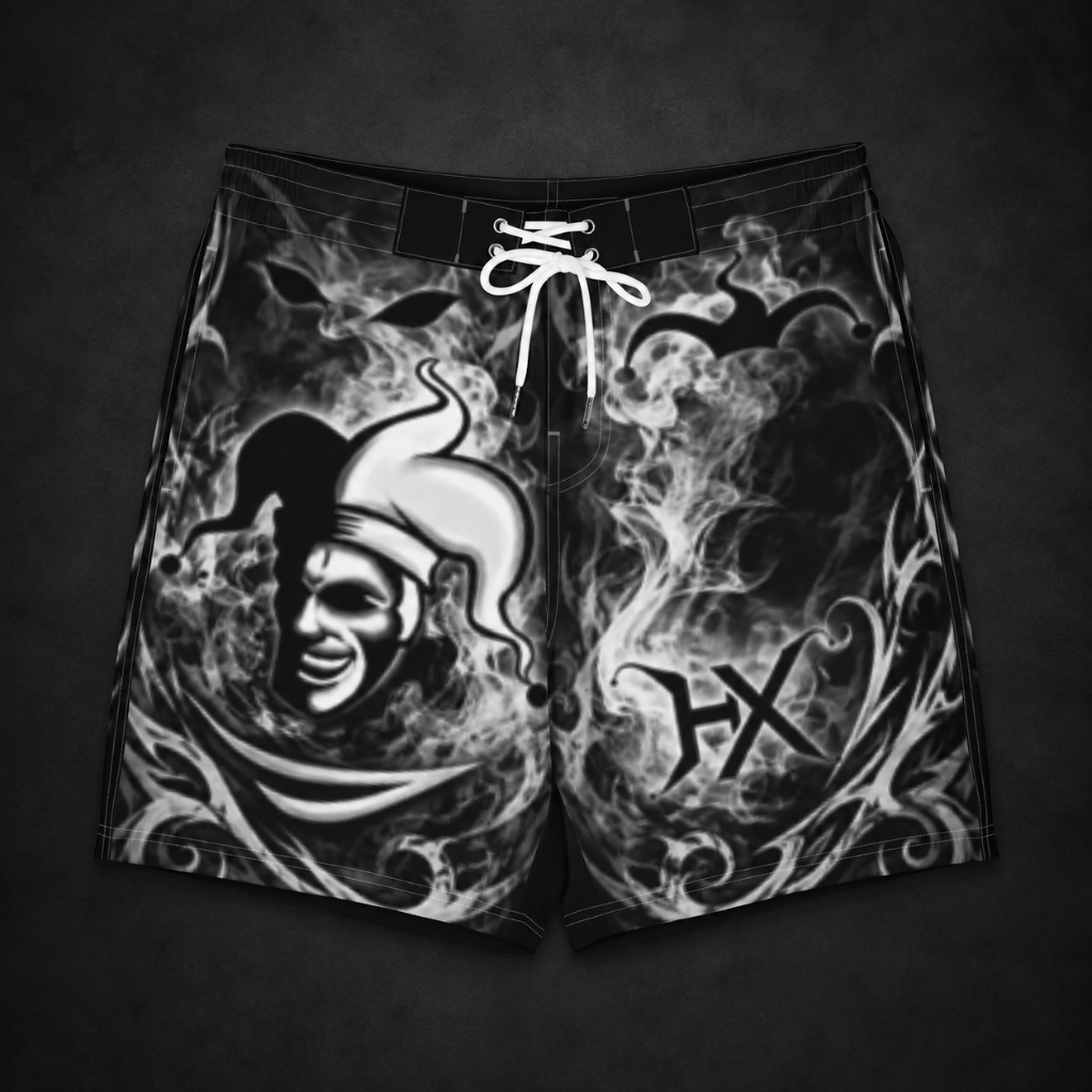frontansicht The Five Signs Boardshorts Herren Schwarz – All-Over-Print, Stretch | HexJester